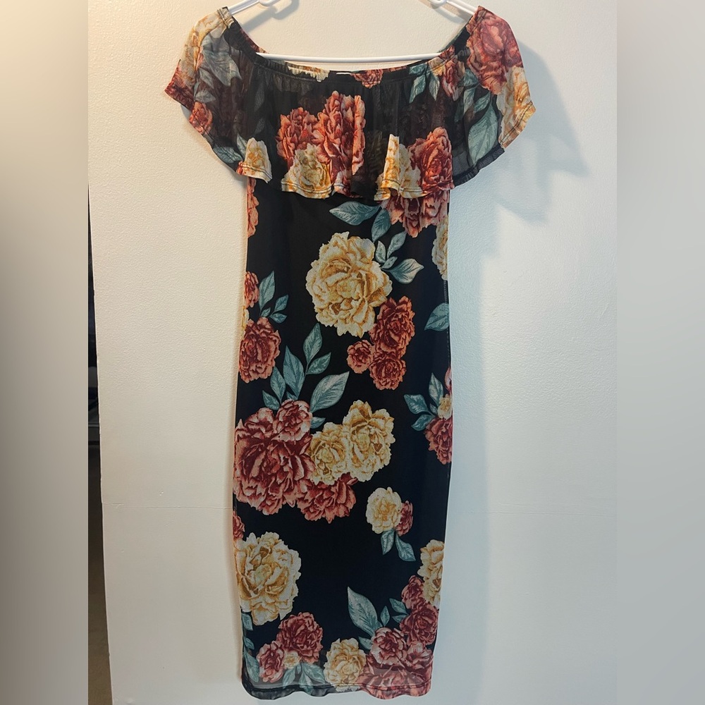 Off-Shoulder Floral Maxi Dress in Black with Yellow & Rust Blooms